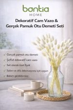 Cam Vazo + Gerçek Pamuk Otu – Gerçek Pamuk Otu Demeti ile Hazır Dekor