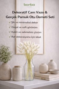 Cam Vazo + Gerçek Pamuk Otu – Gerçek Pamuk Otu Demeti ile Hazır Dekor - Görsel 2