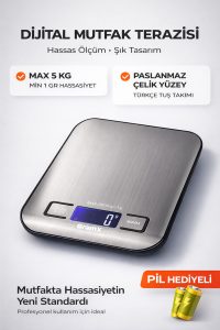 Hassas Dijital Mutfak Terazisi 5KG | 1 Gr Hassasiyet | Paslanmaz Çelik Profesyonel Tartı - Görsel 3