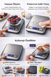Hassas Dijital Mutfak Terazisi 5KG | 1 Gr Hassasiyet | Paslanmaz Çelik Profesyonel Tartı - Görsel 5