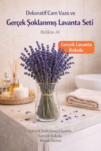 Gerçek Şoklanmış Lavanta ve Cam Vazo Seti – Gerçek Kokulu Dekoratif Lavanta Demeti - Görsel 2