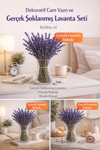 Gerçek Şoklanmış Lavanta ve Cam Vazo Seti – Gerçek Kokulu Dekoratif Lavanta Demeti - Görsel 3