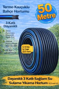 Termo Kauçuklu Bahçe Hortumu 50 Metre 3 Katlı Dayanıklı Su Sulama ve Araç Yıkama Hortumu