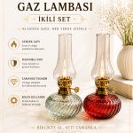 Vintage Gaz Lambası İkili Set – Dekoratif Nostaljik Cam Gaz Lambası Kırmızı & Şeffaf