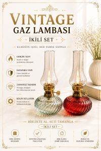 Vintage Gaz Lambası İkili Set – Dekoratif Nostaljik Cam Gaz Lambası Kırmızı & Şeffaf