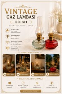 Vintage Gaz Lambası İkili Set – Dekoratif Nostaljik Cam Gaz Lambası Kırmızı & Şeffaf - Görsel 2