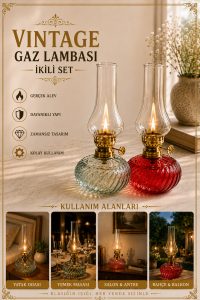 Vintage Gaz Lambası İkili Set – Dekoratif Nostaljik Cam Gaz Lambası Kırmızı & Şeffaf - Görsel 3