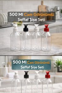 500 Ml Cam Görünümlü Şeffaf PET Şişe Seti – 4 Adet | Banyo - Şampuan - Mutfak - Deterjan