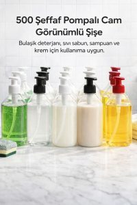 500 Ml Cam Görünümlü Şeffaf PET Şişe Seti – 4 Adet | Banyo - Şampuan - Mutfak - Deterjan - Görsel 2