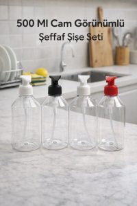 500 Ml Cam Görünümlü Şeffaf PET Şişe Seti – 4 Adet | Banyo - Şampuan - Mutfak - Deterjan - Görsel 4