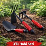 Hobi Çapa Tırmık Kürek 3’lü Set | Metal Bahçe El Aletleri | Saksı, Çiçek, Bitki ve Toprak İçin