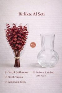 Kızıl Şoklanmış Gerçek Okaliptüs ve Cam Vazo Seti – Doğal Kokulu, Uzun Ömürlü Dekoratif Set - Görsel 5
