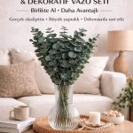 Gerçek ve Şoklanmış Okaliptüs Seti – 4 Ana Dal, Yan Dallı Büyük Demet + Dekoratif Cam Vazo