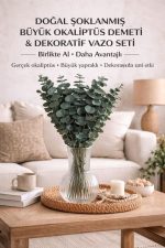 Gerçek ve Şoklanmış Okaliptüs Seti – 4 Ana Dal, Yan Dallı Büyük Demet + Dekoratif Cam Vazo