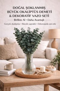 Gerçek ve Şoklanmış Okaliptüs Seti – 4 Ana Dal, Yan Dallı Büyük Demet + Dekoratif Cam Vazo