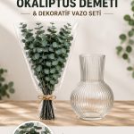 Şoklanmış Gerçek Okaliptüs Demeti– 4 Ana Dal + Yan Dallı Büyük Demet Okaliptüs ve Dekoratif Cam Vazo