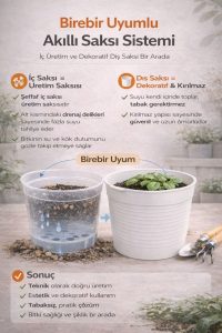 Akıllı 2’li Saksı Seti – Bone Beyaz Dekoratif Saksı + Şeffaf Üretim Saksısı | Drenajlı, Kırılmaz - Görsel 2