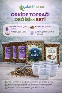 Orkide Toprağı Değişim Seti – İthal Çam Kabuğu, Coco Cips, Kil Bilyesi ve Şeffaf Saksı Seti