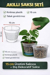 Akıllı 2’li Saksı Seti – Yeşil Dekoratif Saksı + Şeffaf Üretim Saksısı | Drenajlı, Kırılmaz - Görsel 3