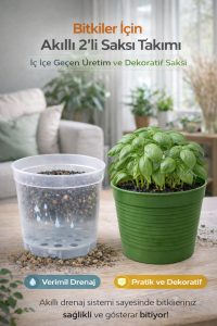 Akıllı 2’li Saksı Seti – Yeşil Dekoratif Saksı + Şeffaf Üretim Saksısı | Drenajlı, Kırılmaz - Görsel 6