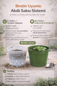 Akıllı 2’li Saksı Seti – Yeşil Dekoratif Saksı + Şeffaf Üretim Saksısı | Drenajlı, Kırılmaz - Görsel 8
