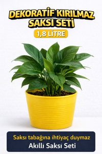 2’li Saksı Seti – 15 Pot Üretim Saksısı + 1,8 Litre Sarı Dekoratif Kırılmaz Saksı | Tabaksız Uyumlu