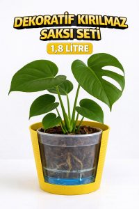 2’li Saksı Seti – 15 Pot Üretim Saksısı + 1,8 Litre Sarı Dekoratif Kırılmaz Saksı | Tabaksız Uyumlu - Görsel 2