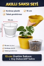 2’li Saksı Seti – 15 Pot Üretim Saksısı + 1,8 Litre Sarı Dekoratif Kırılmaz Saksı | Tabaksız Uyumlu - Görsel 3