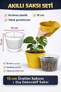 2’li Saksı Seti – 15 Pot Üretim Saksısı + 1,8 Litre Sarı Dekoratif Kırılmaz Saksı | Tabaksız Uyumlu - Görsel 3