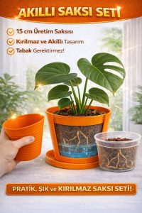 2’li Saksı Seti | 15 Pot Şeffaf Üretim Saksısı + 1,8 L Turuncu Kırılmaz Dekoratif Dış Saksı - Görsel 2