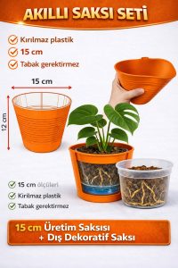 2’li Saksı Seti | 15 Pot Şeffaf Üretim Saksısı + 1,8 L Turuncu Kırılmaz Dekoratif Dış Saksı - Görsel 3