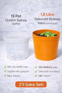 2’li Saksı Seti | 15 Pot Şeffaf Üretim Saksısı + 1,8 L Turuncu Kırılmaz Dekoratif Dış Saksı - Görsel 5