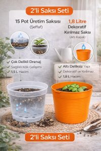 2’li Saksı Seti | 15 Pot Şeffaf Üretim Saksısı + 1,8 L Turuncu Kırılmaz Dekoratif Dış Saksı - Görsel 6