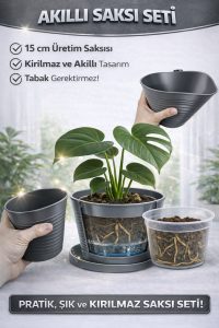 2’li Saksı Seti | 15 Pot Yarı Şeffaf Üretim Saksısı + 1,8 L Gri Dekoratif Kırılmaz Dış Saksı - Görsel 2