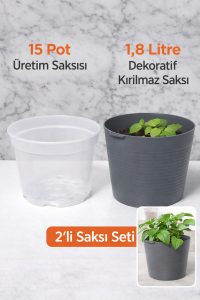 2’li Saksı Seti | 15 Pot Yarı Şeffaf Üretim Saksısı + 1,8 L Gri Dekoratif Kırılmaz Dış Saksı - Görsel 5