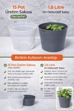 2’li Saksı Seti | 15 Pot Yarı Şeffaf Üretim Saksısı + 1,8 L Gri Dekoratif Kırılmaz Dış Saksı - Görsel 6