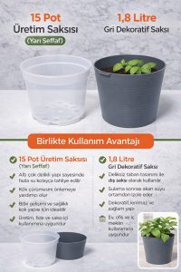 2’li Saksı Seti | 15 Pot Yarı Şeffaf Üretim Saksısı + 1,8 L Gri Dekoratif Kırılmaz Dış Saksı - Görsel 6
