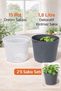 2’li Saksı Seti | 15 Pot Yarı Şeffaf Üretim Saksısı + 1,8 L Gri Dekoratif Kırılmaz Dış Saksı - Görsel 7