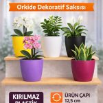 5’li Orkide Dekoratif Saksı Seti 1,25 L – Kırılmaz Plastik, Renkli, Tabaksız