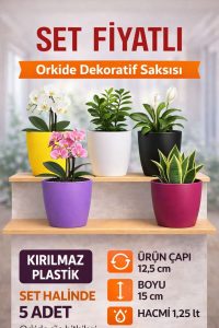 5’li Orkide Dekoratif Saksı Seti 1,25 L – Kırılmaz Plastik, Renkli, Tabaksız