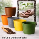 5’li 1,8 L Dekoratif Kırılmaz Saksı Seti + 10 L Premium Bitki Toprağı (Cocopeat & Perlitli)