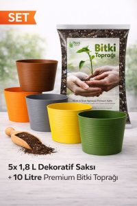5’li 1,8 L Dekoratif Kırılmaz Saksı Seti + 10 L Premium Bitki Toprağı (Cocopeat & Perlitli)