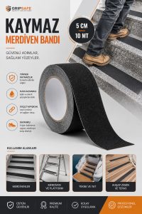 5 Cm x 10 Mt Kaymaz Merdiven Bandı Siyah | Güçlü Yapışkanlı Kaydırmaz Zemin ve Merdiven Güvenlik Bandı
