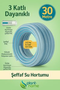 Şeffaf Su Hortumu 30 Metre 1/2 İnç (12,5 mm) 3 Katlı Dayanıklı PVC Bahçe Hortumu