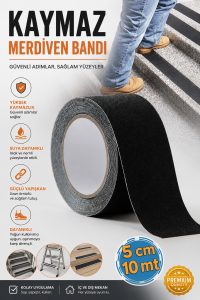 5 Cm x 10 Mt Kaymaz Merdiven Bandı Siyah | Güçlü Yapışkanlı Kaydırmaz Zemin ve Merdiven Güvenlik Bandı - Görsel 2