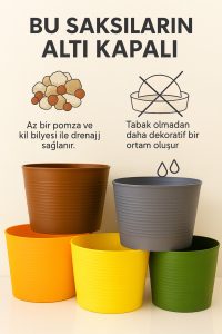 5 Adet Renkli Kırılmaz Plastik Saksı Seti | Tabaksız Kullanım | 1,8 Litre | Ev & Salon İçin - Görsel 2