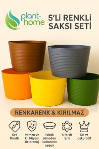 5 Adet Renkli Kırılmaz Plastik Saksı Seti | Tabaksız Kullanım | 1,8 Litre | Ev & Salon İçin - Görsel 4