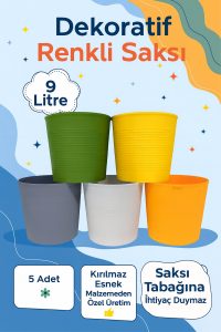 5’li 9 Litre Renkli Kırılmaz Saksı Seti + 1 Litre Sulama Hediyeli | Esnek Malzeme – Tabaksız