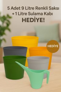 5’li 9 Litre Renkli Kırılmaz Saksı Seti + 1 Litre Sulama Hediyeli | Esnek Malzeme – Tabaksız - Görsel 2