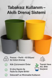 5’li 9 Litre Renkli Kırılmaz Saksı Seti + 1 Litre Sulama Hediyeli | Esnek Malzeme – Tabaksız - Görsel 3